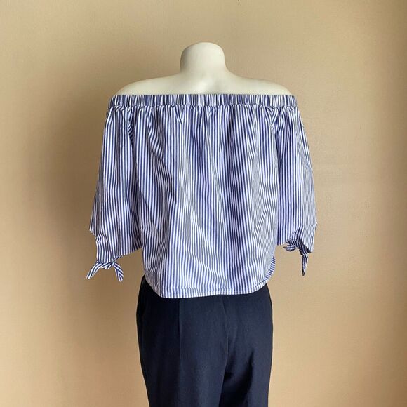 Love Fire Size Large Blue White Striped Off Shoulder Top with Sleeve Ties Pirate - Picture 4 of 8